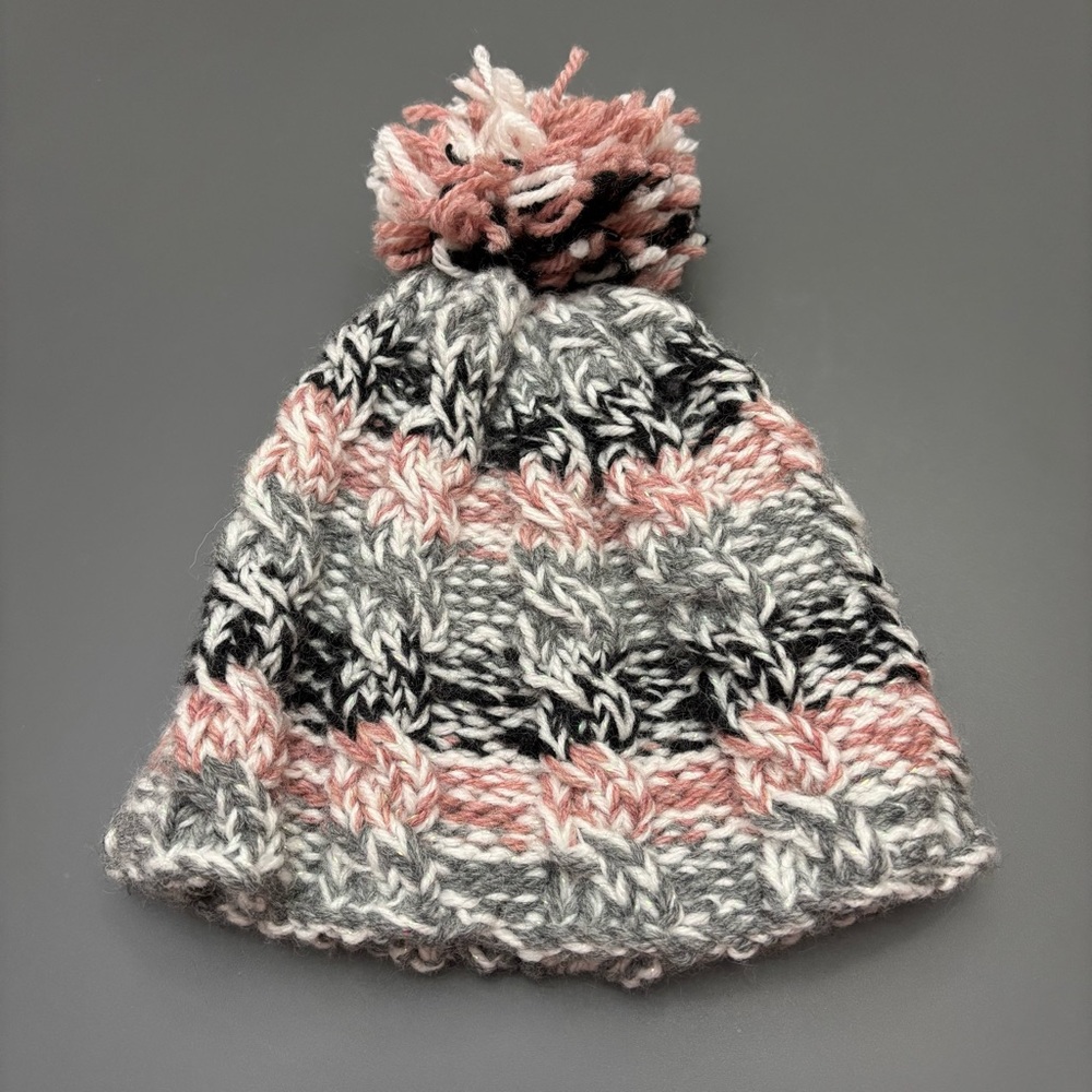 Hand Knit 100% Wool Hat for a Young Girl Cable Knit Beanie Chunky Winter Pom-Pom